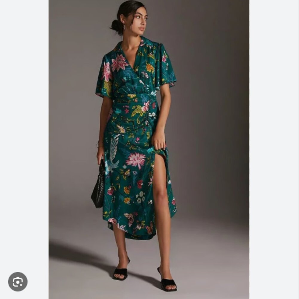 Anthropologie Teal Floral Wrap Midi Dress - Picture 3 of 10